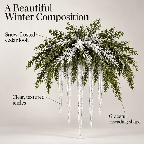 Snow-Frosted Cedar & Icicle Hanging Accent