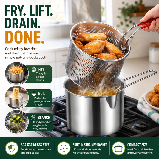 🍟 Personal Mini 304 Deep Fryer Set – Stainless Steel Pot with Lift-Out Draining Basket & Food Tongs