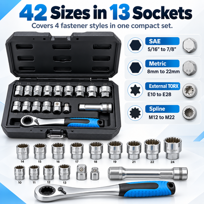 Universal Pass-Thru Socket & Ratchet Set – 16-Piece, 42 Fastener Sizes, SAE/Metric/TORX/Spline