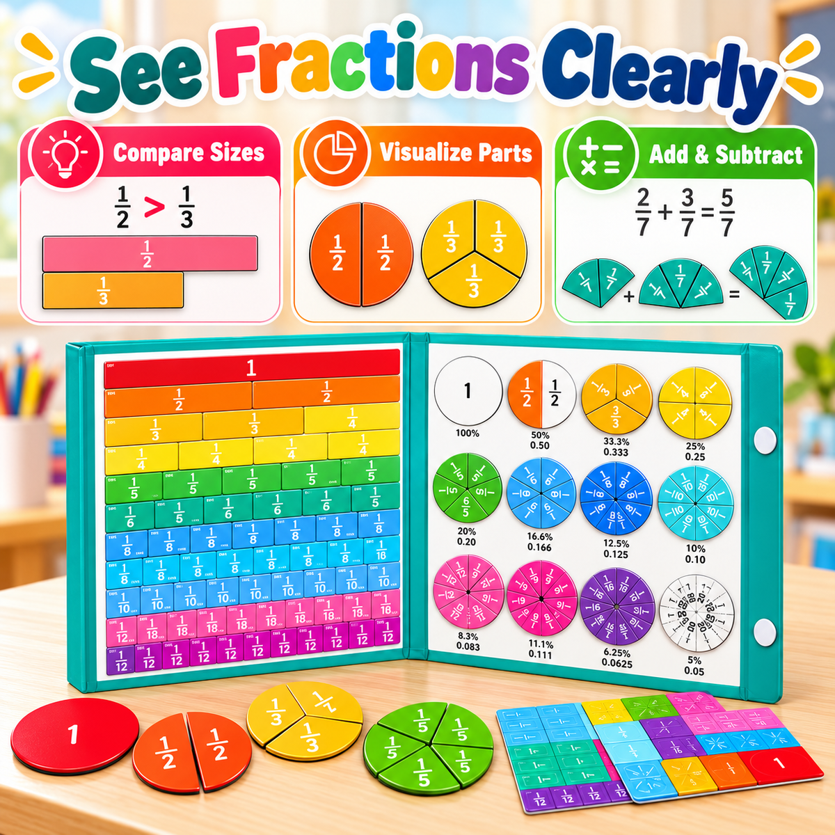 Magnetic Fraction Learning Book for Kids – Hands-On Math Manipulatives with Fraction Bars & Circles, Ages 6+