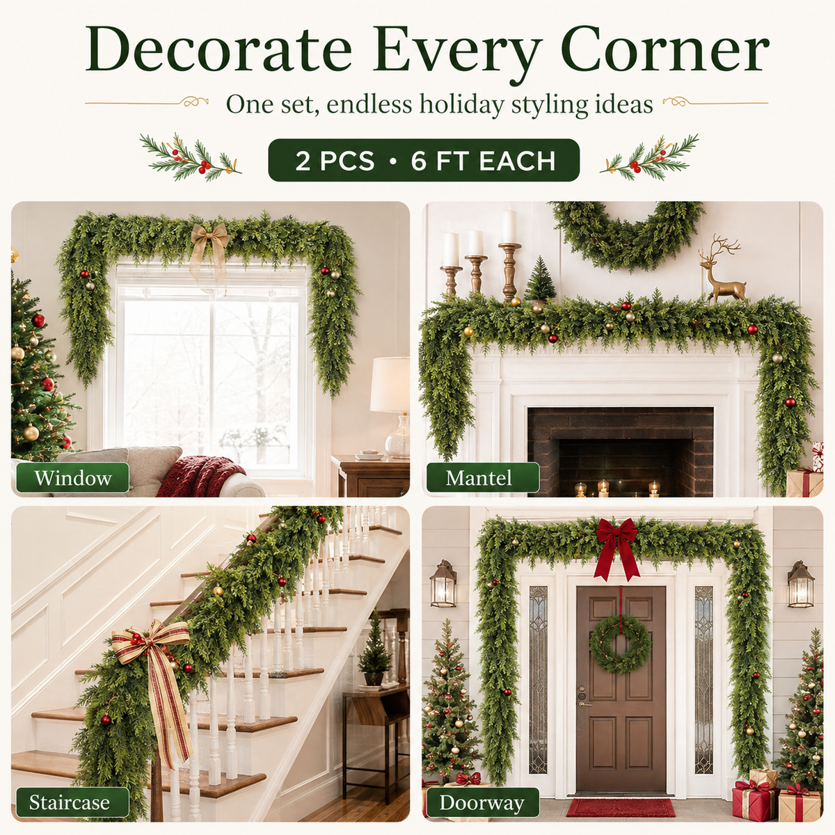 🏠 CHRISTMAS FAVORITE | Artificial Cedar Garland 2-Pack – 6 FT Faux Greenery for Mantels, Tables, Stairs & Walls