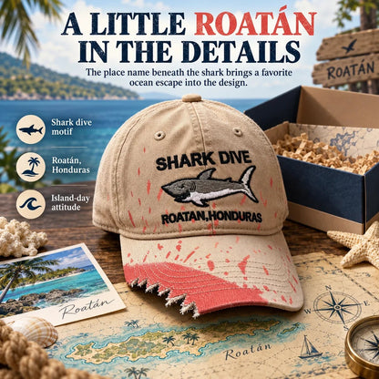 🦈 Shark Bite Baseball Cap | Embroidered Shark • Bite-Shaped Frayed Brim