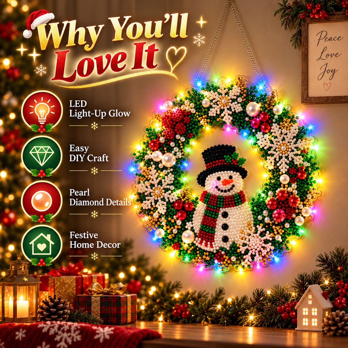 Hot Sale⛄Christmas Pearl Diamond Painting Pendant Kit with LED String Lights