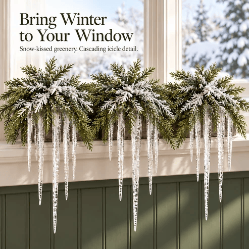 Snow-Frosted Cedar & Icicle Hanging Accent