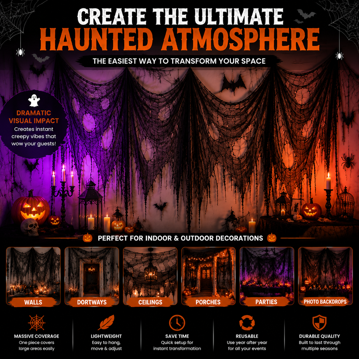 🕸️ Halloween Haunted House Web Cloth | Large Black Tattered Hanging Decoration for Spooky Party & Home Makeover