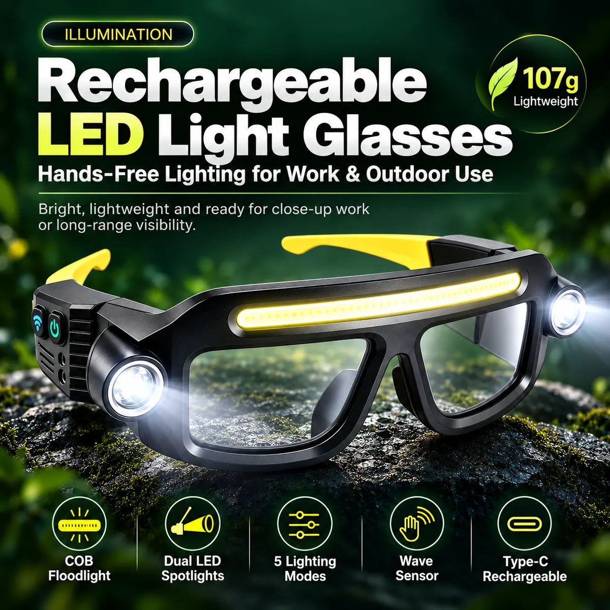 👓🔦 Rechargeable LED Light Glasses with 5 Modes & Wave Sensor