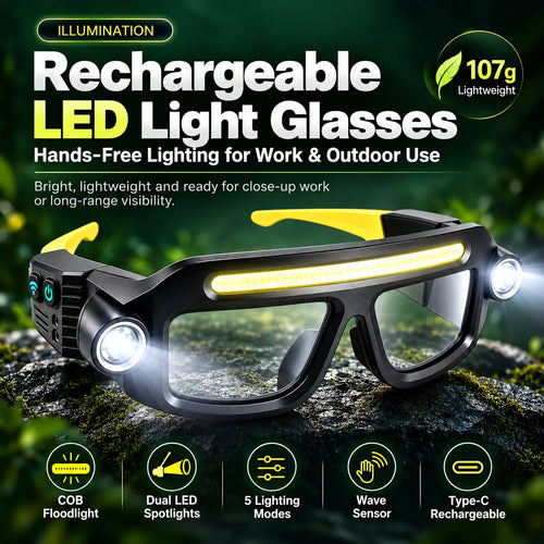 👓🔦 Rechargeable LED Light Glasses with 5 Modes & Wave Sensor