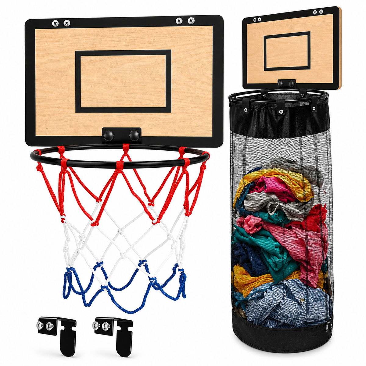 🔥Last Day 50% OFF-Over-the-Door Basketball Hoop Laundry Hamper – Fun Hanging Clothes Basket with Easy-Empty Zipper