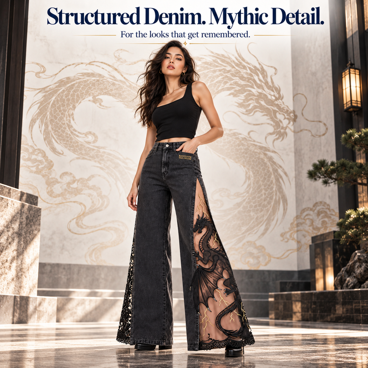 Dragon Mesh-Panel Wide-Leg Jeans – High-Waisted Fantasy Denim
