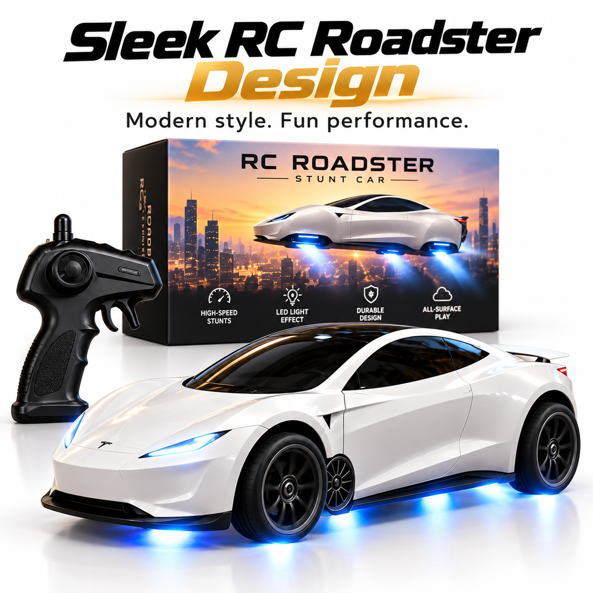 RC Roadster Stunt Car – Remote Control Sports Car with Blue LED Lights, Racing & Stunt Play for Kids