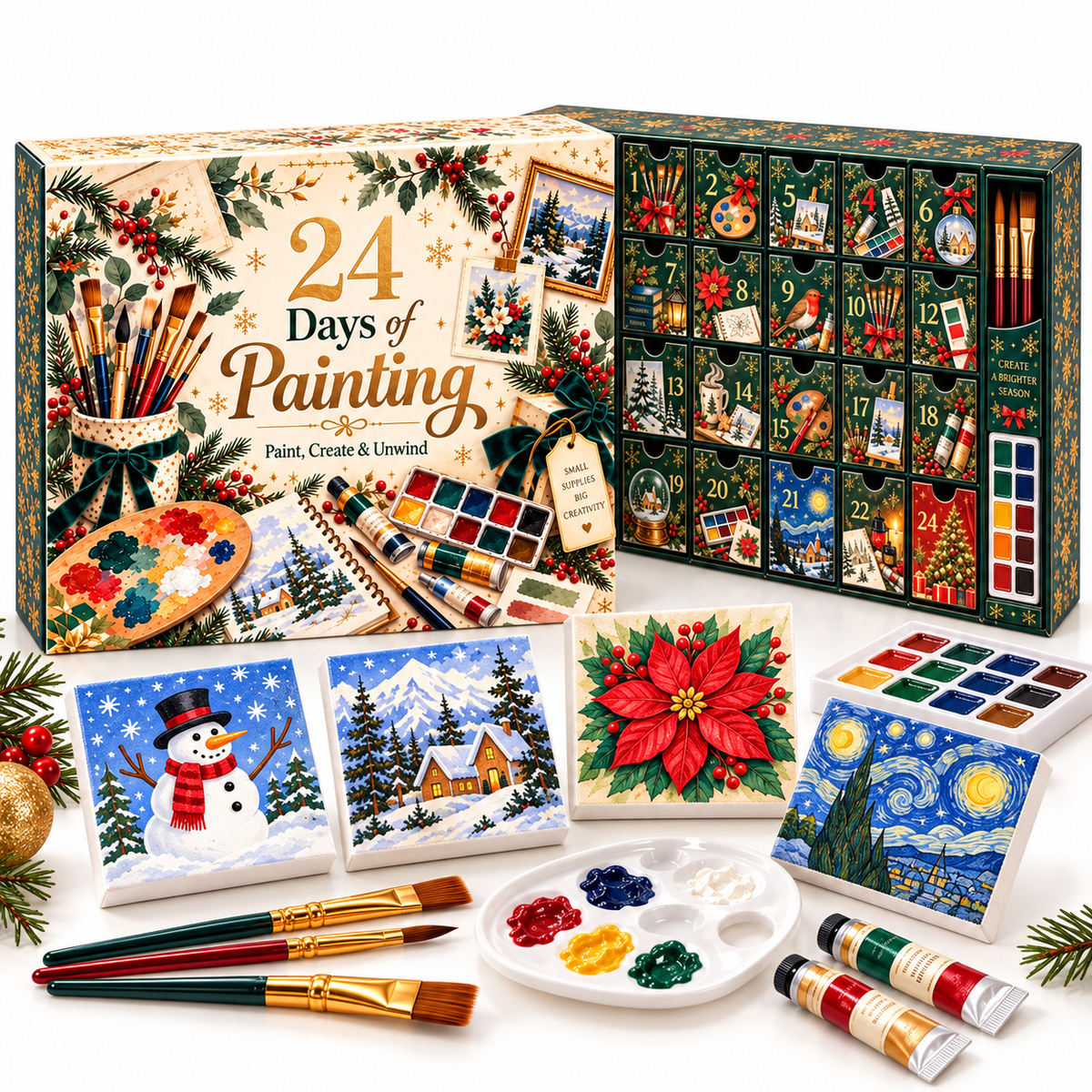 24 Days of Painting Advent Calendar – Mini Canvas Art Kit with Paints & Brushes
