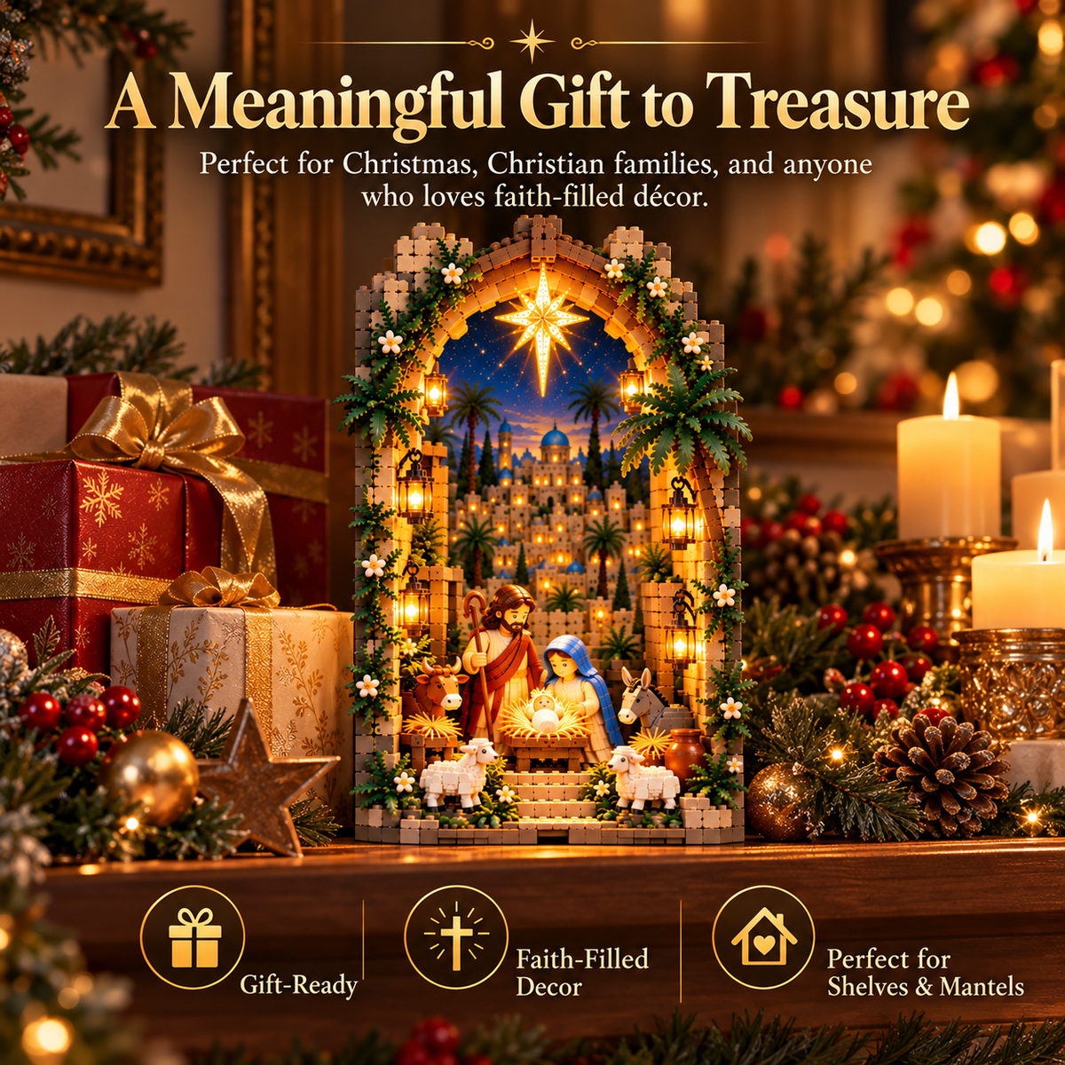 📖✨✝️ Lighted Bethlehem Nativity Book Nook – Christmas Building Block Display of Faith 🎄