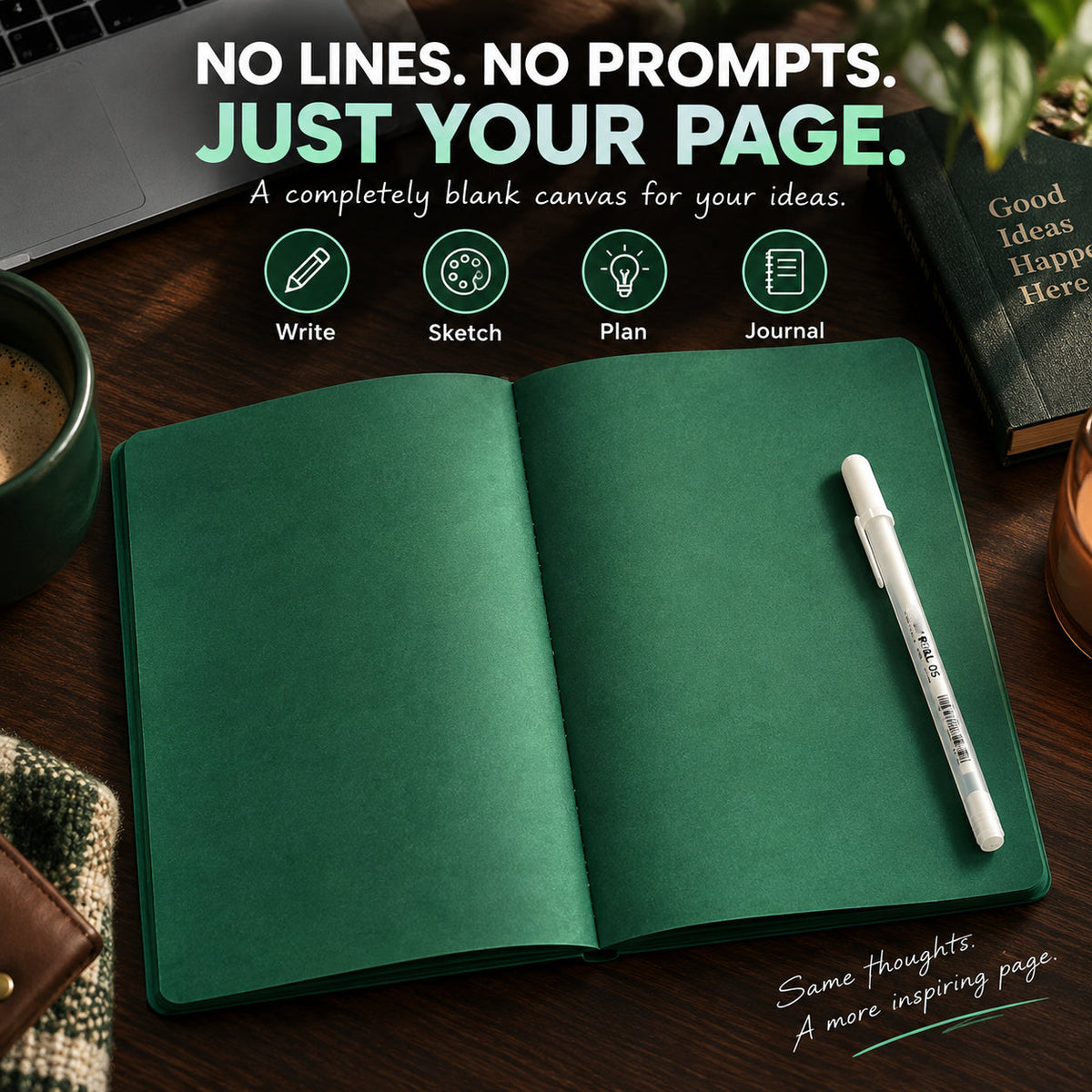 🔥Last Day 50% OFF💚 Deep Green Blank Notebook with White Gel Pen | Aesthetic Writing & Sketch Journal