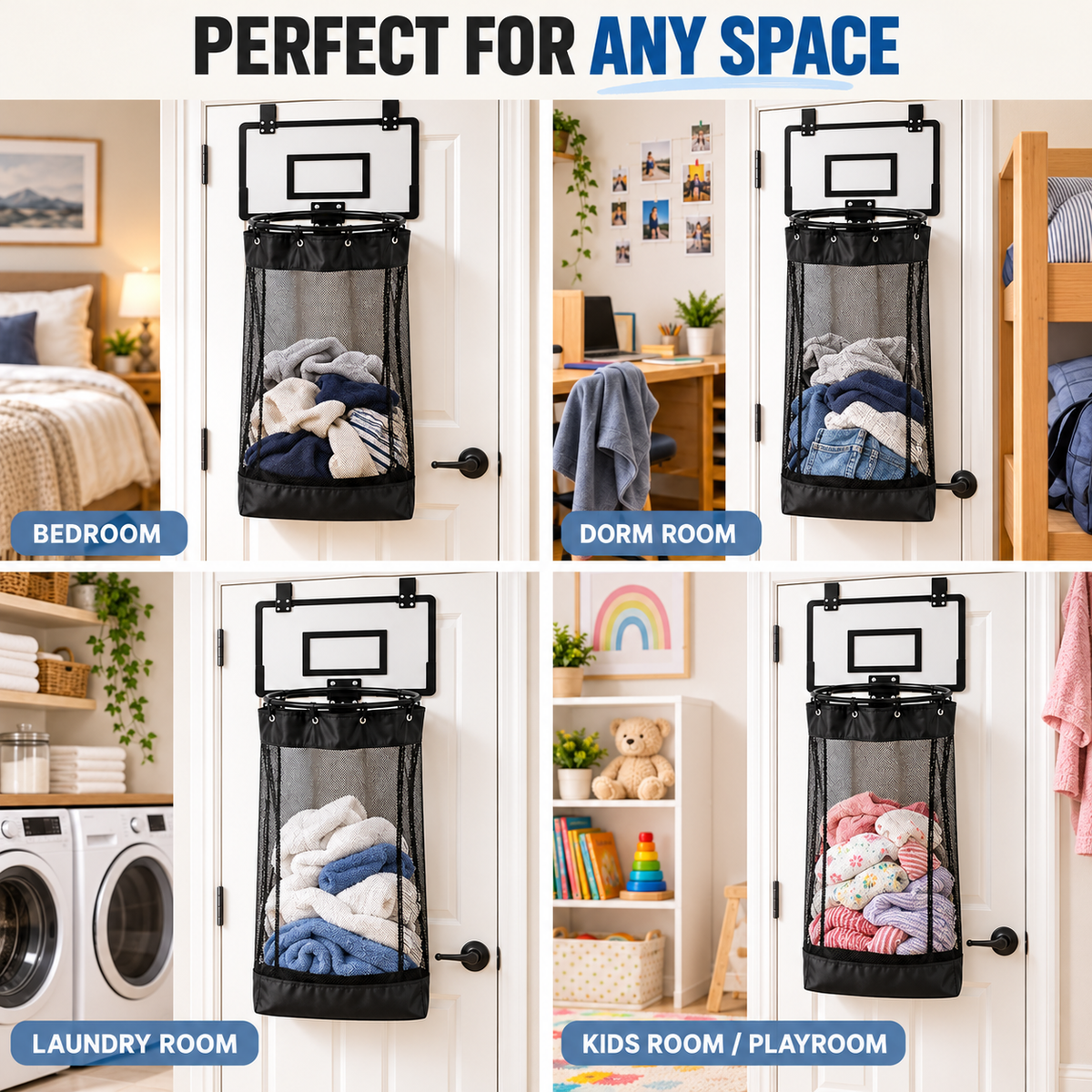 Over-the-Door Basketball Laundry Hamper – Space-Saving Mesh Clothes Basket with Hoop & Bottom Zipper