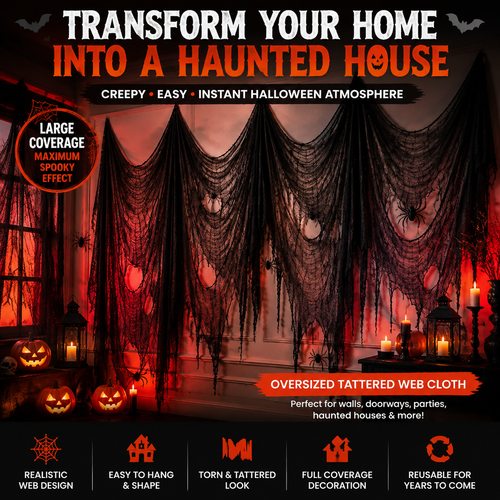 🕸️ Halloween Haunted House Web Cloth | Large Black Tattered Hanging Decoration for Spooky Party & Home Makeover