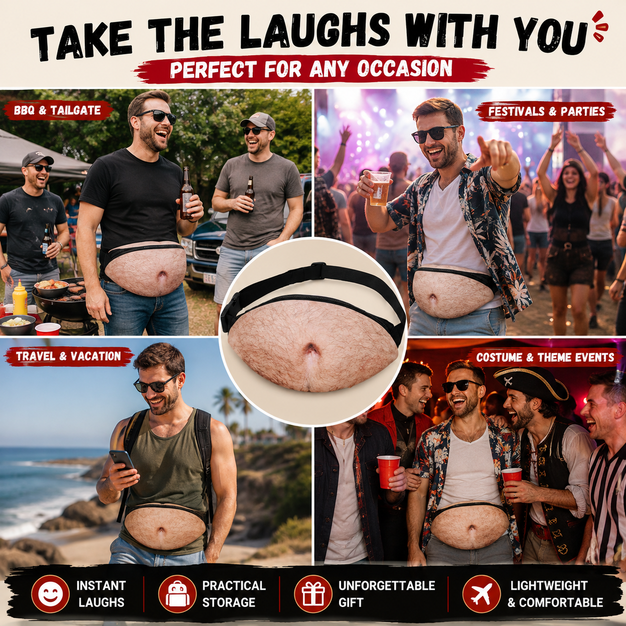 😂 HOT SALE | Funny Dad Bod Belly Fanny Pack – Fake Beer Belly Waist Bag with Real Storage for Parties & Gifts