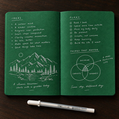 🔥Last Day 50% OFF💚 Deep Green Blank Notebook with White Gel Pen | Aesthetic Writing & Sketch Journal