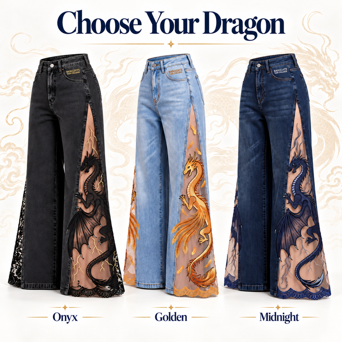 Dragon Mesh-Panel Wide-Leg Jeans – High-Waisted Fantasy Denim
