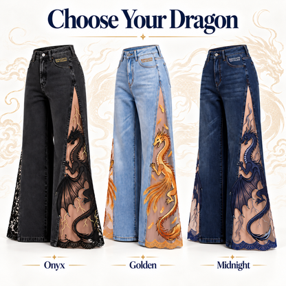 Dragon Mesh-Panel Wide-Leg Jeans – High-Waisted Fantasy Denim