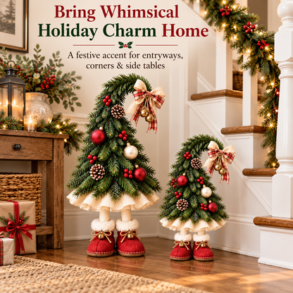 Whimsical Christmas Elf Tree Decor with Red Boots – Farmhouse Holiday Tabletop Accent