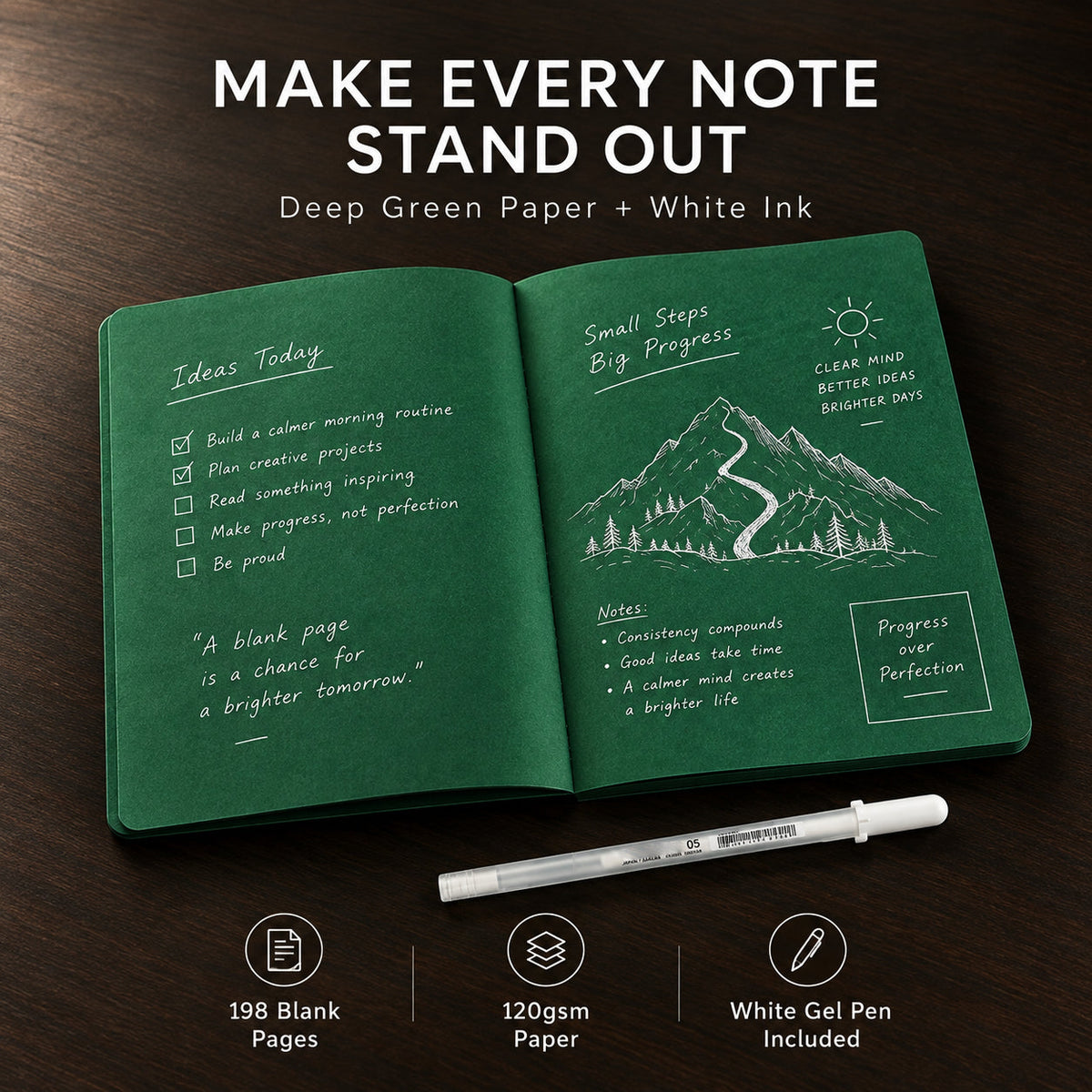 🔥Last Day 50% OFF💚 Deep Green Blank Notebook with White Gel Pen | Aesthetic Writing & Sketch Journal