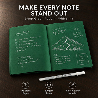 🔥Last Day 50% OFF💚 Deep Green Blank Notebook with White Gel Pen | Aesthetic Writing & Sketch Journal