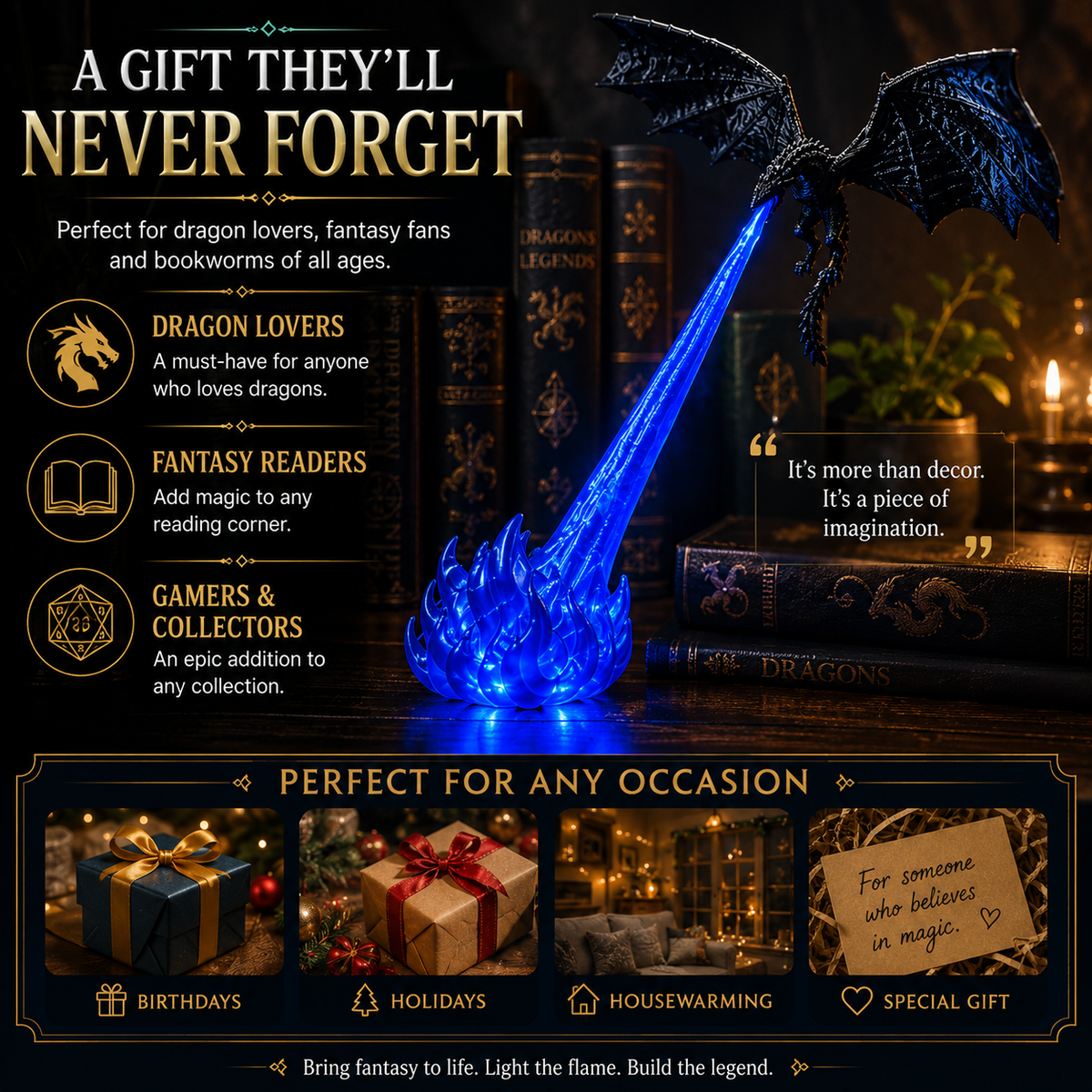🔥  🐉| 3D Fire-Breathing Dragon LED Display – Fantasy Bookshelf Decor with Glowing Flame