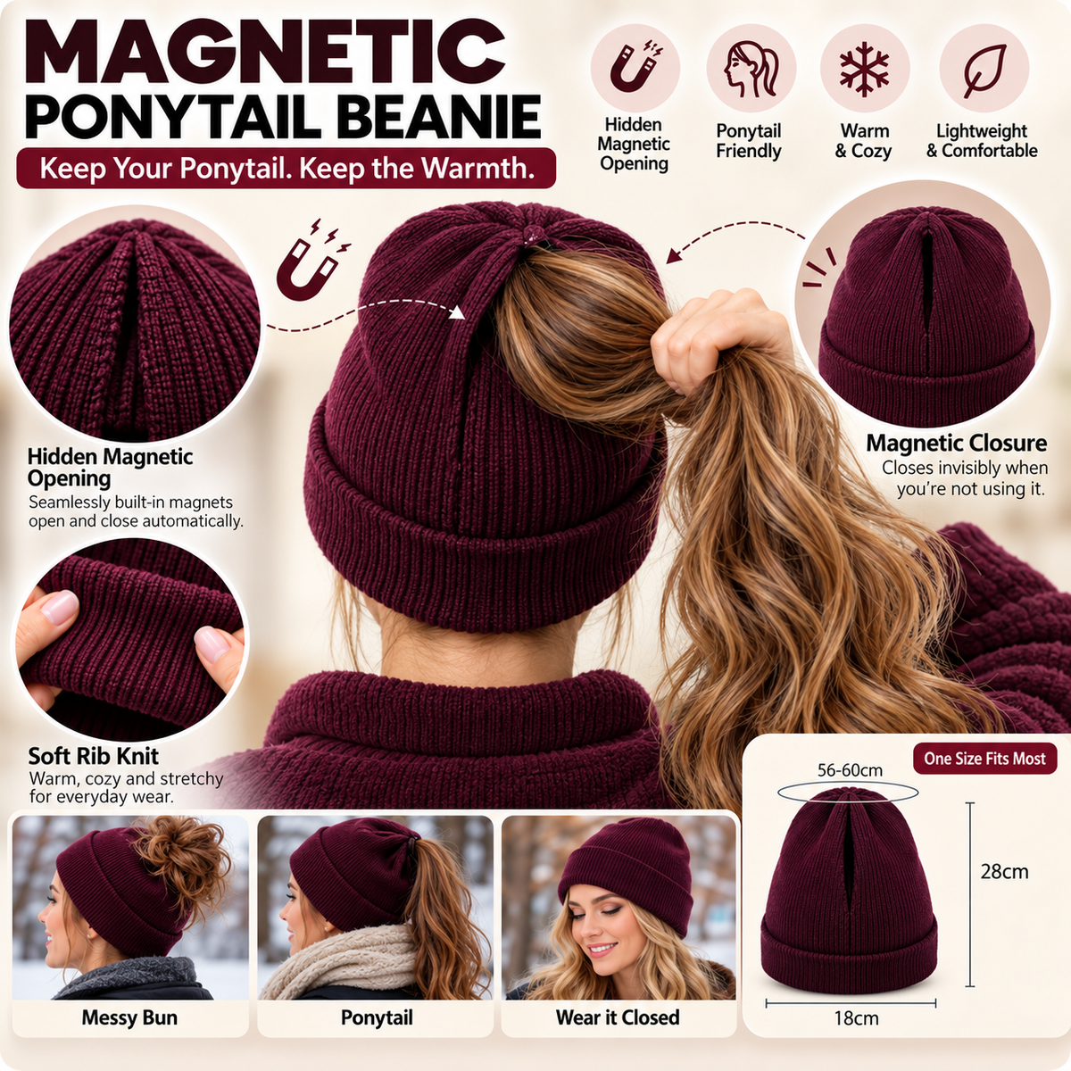 🔥Last Day 50% OFF – 🔥2-in-1-ponytail-beanie-hat-hidden – Hidden Magnetic Closure, No-Zip Winter Knit Hat ❄️