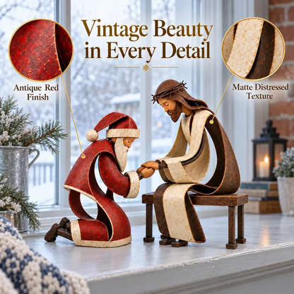 Santa Claus Kneeling Before Jesus Christ Christmas Religious Figurine