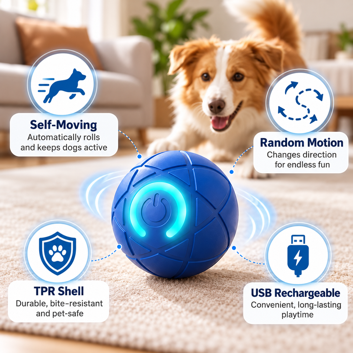 Self-Moving Interactive Dog Ball – USB Rechargeable Pet Toy