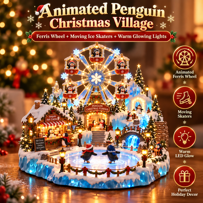 Animated Penguin Christmas Village – Lighted Ferris Wheel & Moving Ice Skaters Tabletop Decor-USB-C Rechargeable
