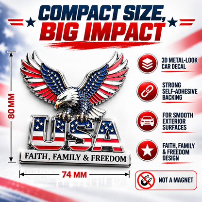 Eagle USA 3D Patriotic Car Decal – American Bald Eagle Metal Sticker, Faith Family & Freedom