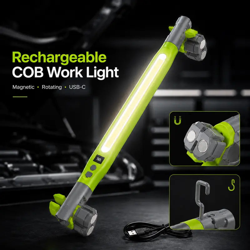 Rechargeable COB Work Light – Magnetic 360° Rotating LED Inspection Light with Hook, Clamp & USB-C Charging
