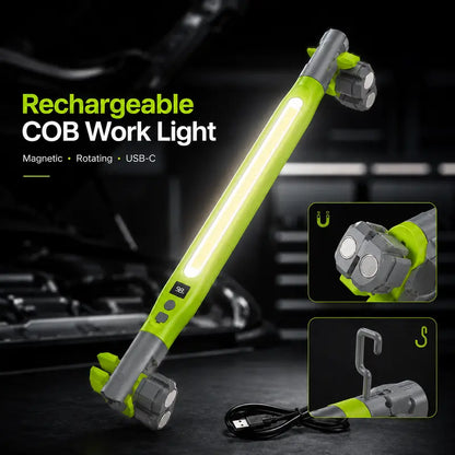 Rechargeable COB Work Light – Magnetic 360° Rotating LED Inspection Light with Hook, Clamp & USB-C Charging