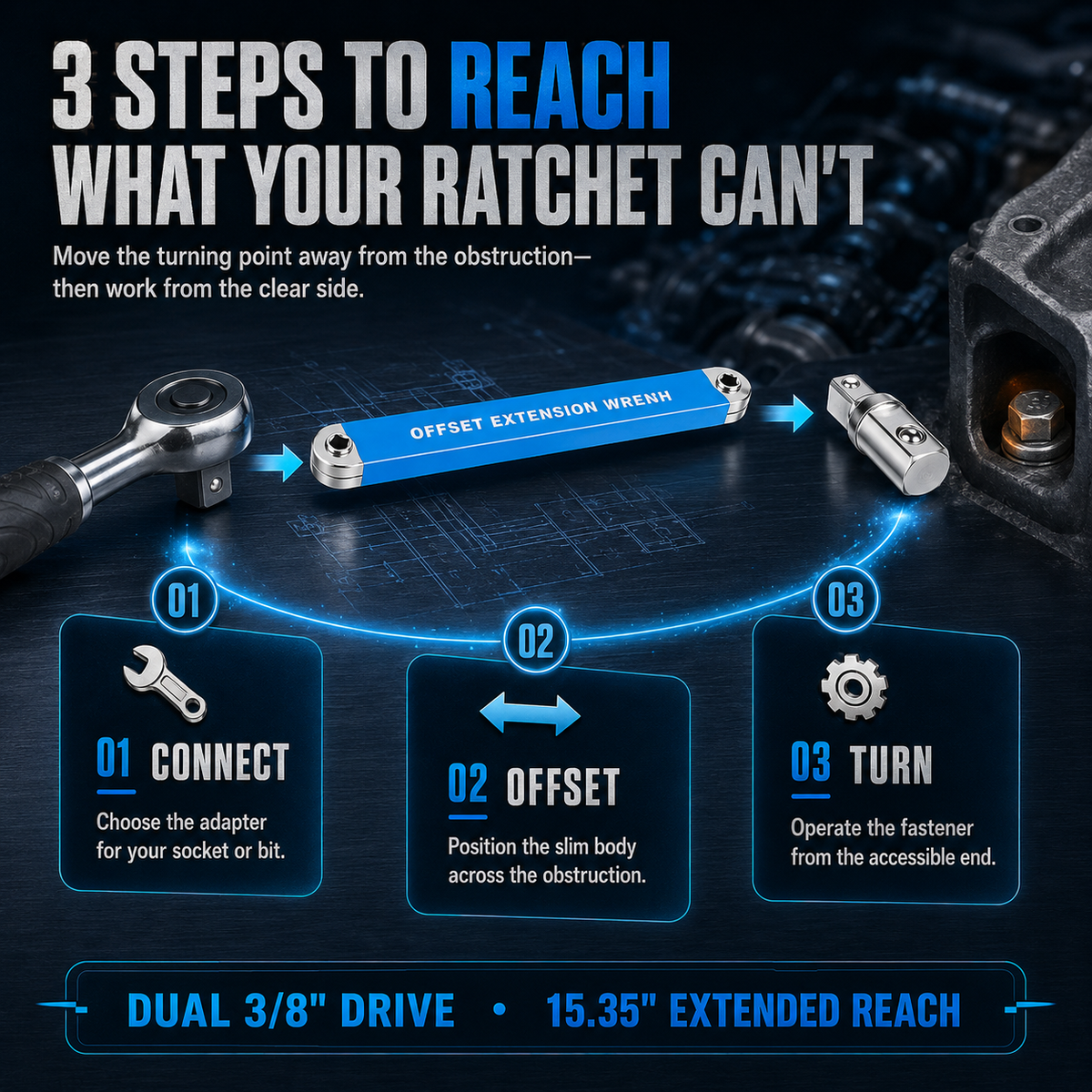 🔩3/8' Offset Extension Wrench Set – Reach Tight Bolts Without Removing Parts🔧