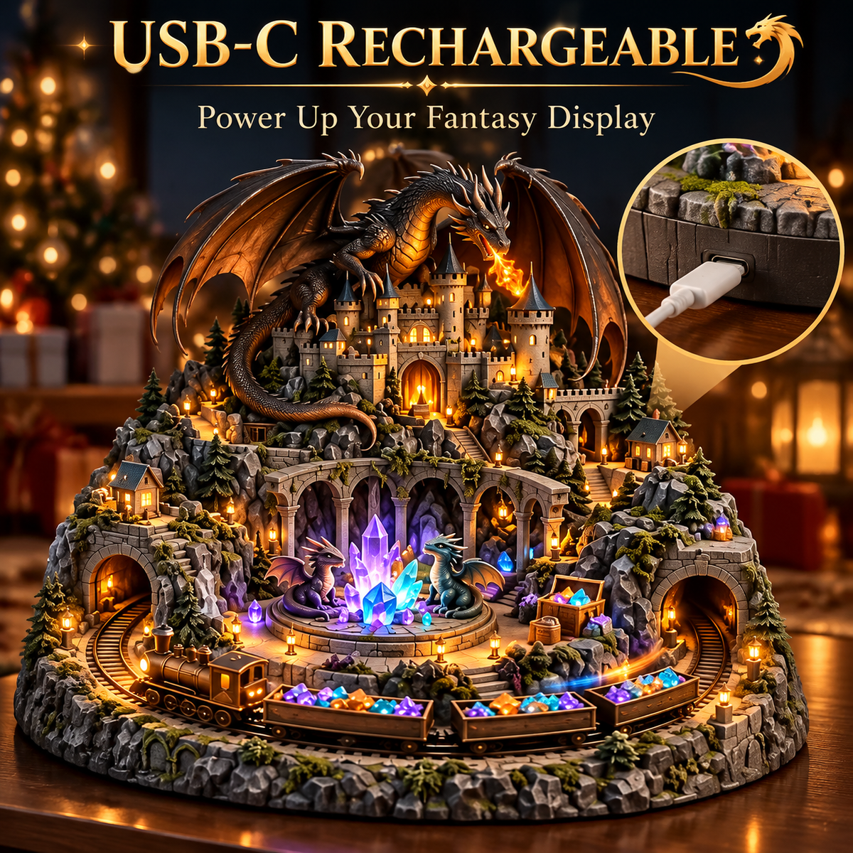Animated Dragon Castle Crystal Train Village – USB-C Rechargeable Lighted Fantasy Tabletop Decor with Rotating Moving Train