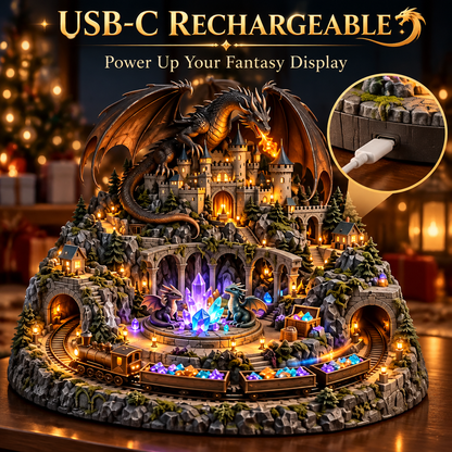 Animated Dragon Castle Crystal Train Village – USB-C Rechargeable Lighted Fantasy Tabletop Decor with Rotating Moving Train