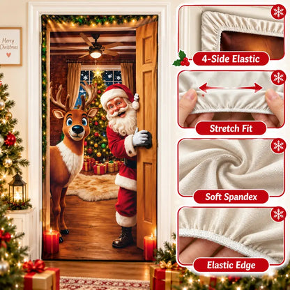 Stretch Christmas Door Cover – Santa & Reindeer Slip-On Door Decoration with 4-Side Elastic Edge