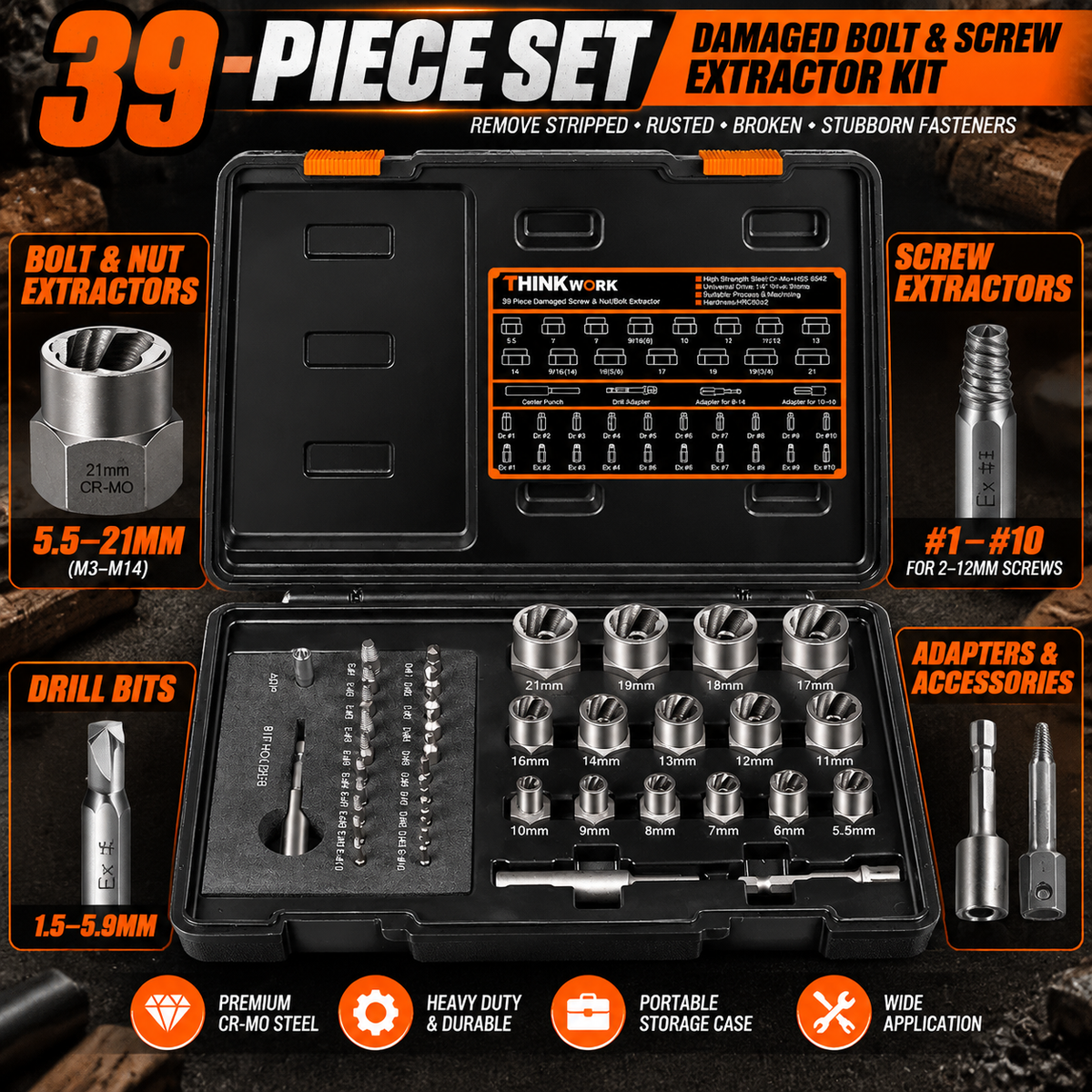 39-Piece Damaged Screw & Bolt Extractor Set – Impact Nut Remover Kit with Drill Bits & Storage Case