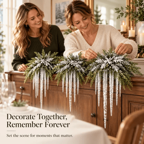 Snow-Frosted Cedar & Icicle Hanging Accent