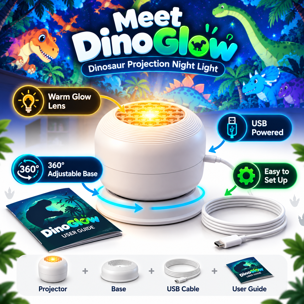 DinoGlow Dinosaur Room Projector – Immersive Dinosaur-Themed Kids' Bedroom Light