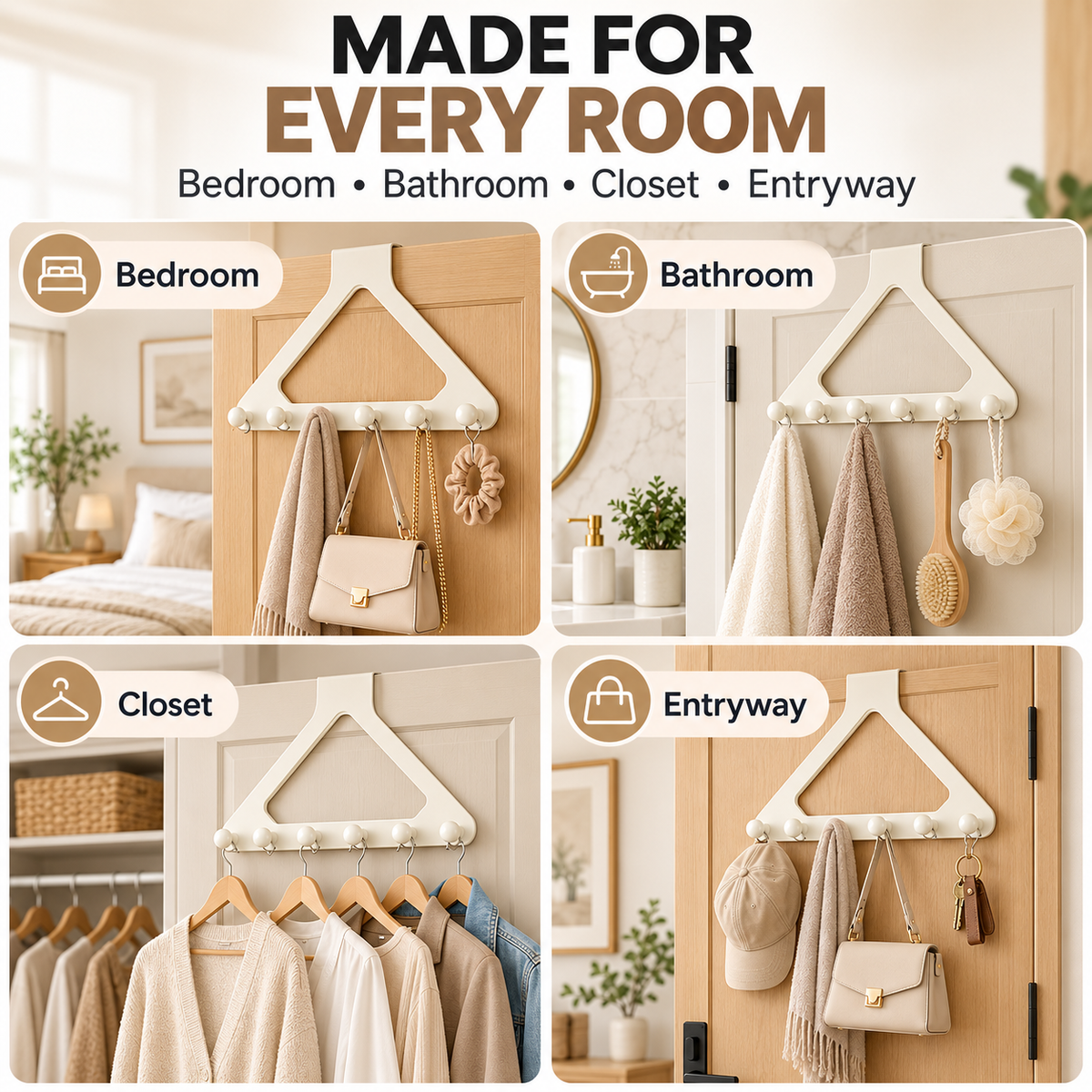 Over-the-Door Triangle Hook Rack – No-Drill 6-Hook Organizer for Clothes, Towels & Bags