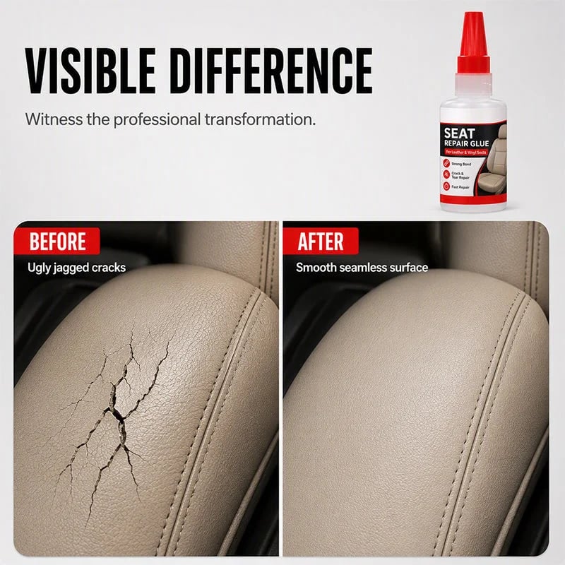 Illustrative before-and-after images showing a cracked beige car seat upholstery panel and a smoother repaired appearance