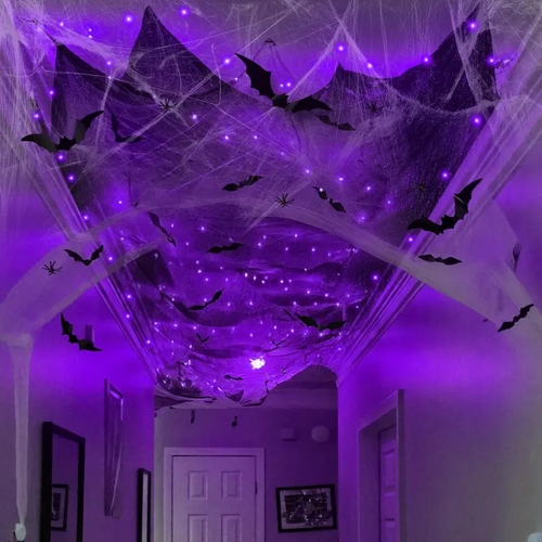 Halloween Spider Web Decorations with 32FT String Lights, 300 sqft Stretch Cobwebs, Black Creepy Cloth, Fake Bats and Spiders for Indoor Outdoor Yard Doorway Entryway Decor