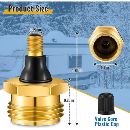 Brass RV Blowout Plug with Air Valve – Water Line Winterizing & Maintenance Adapter