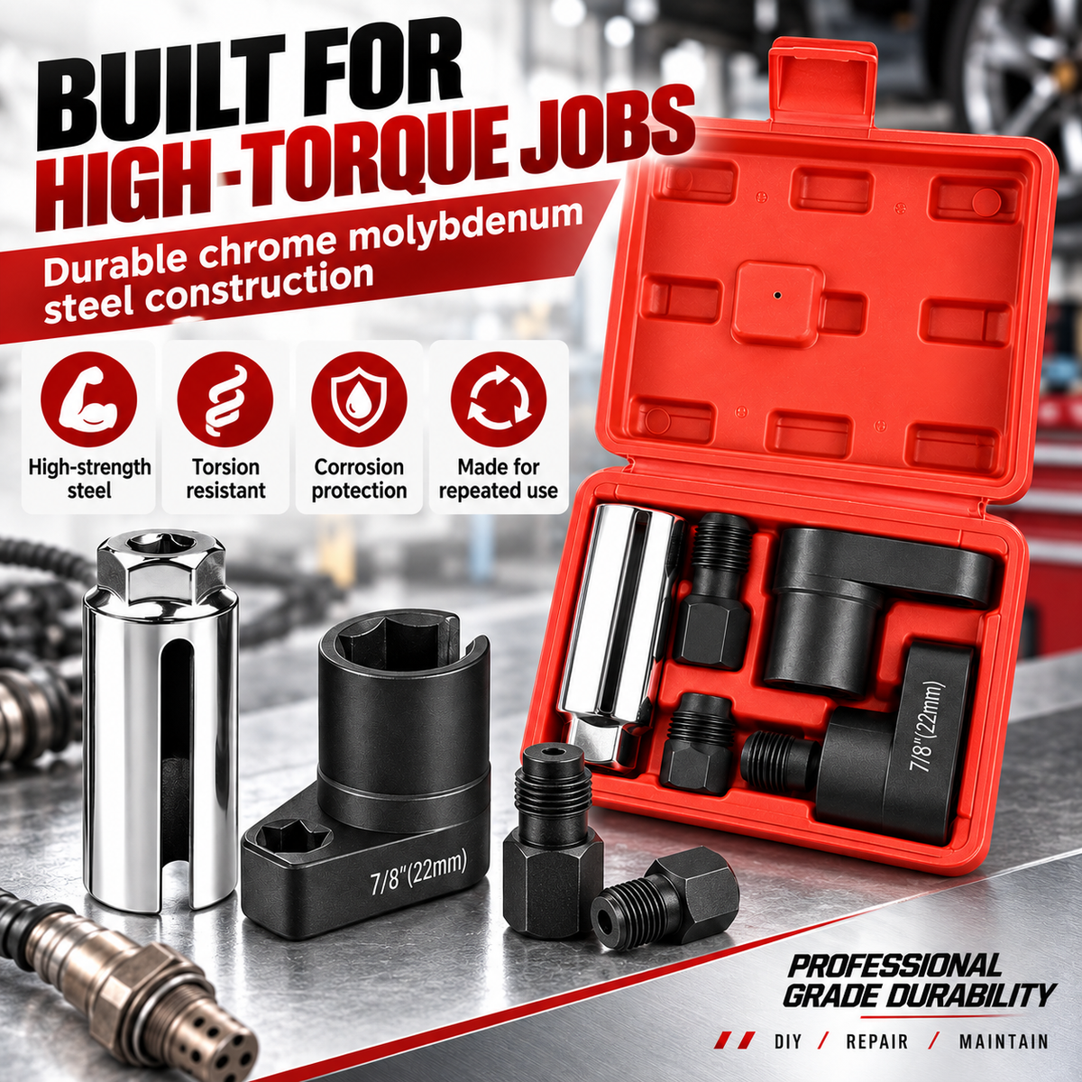 Hot sales🔥5-Piece O2 Sensor Socket & Thread Chaser Set – 22mm / 7/8", 3/8" & 1/2" Drive Oxygen Sensor Removal Tool Kit