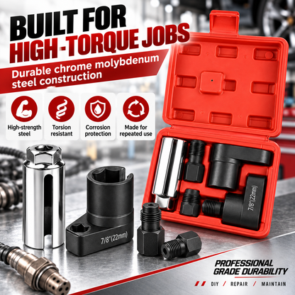 Hot sales🔥5-Piece O2 Sensor Socket & Thread Chaser Set – 22mm / 7/8", 3/8" & 1/2" Drive Oxygen Sensor Removal Tool Kit