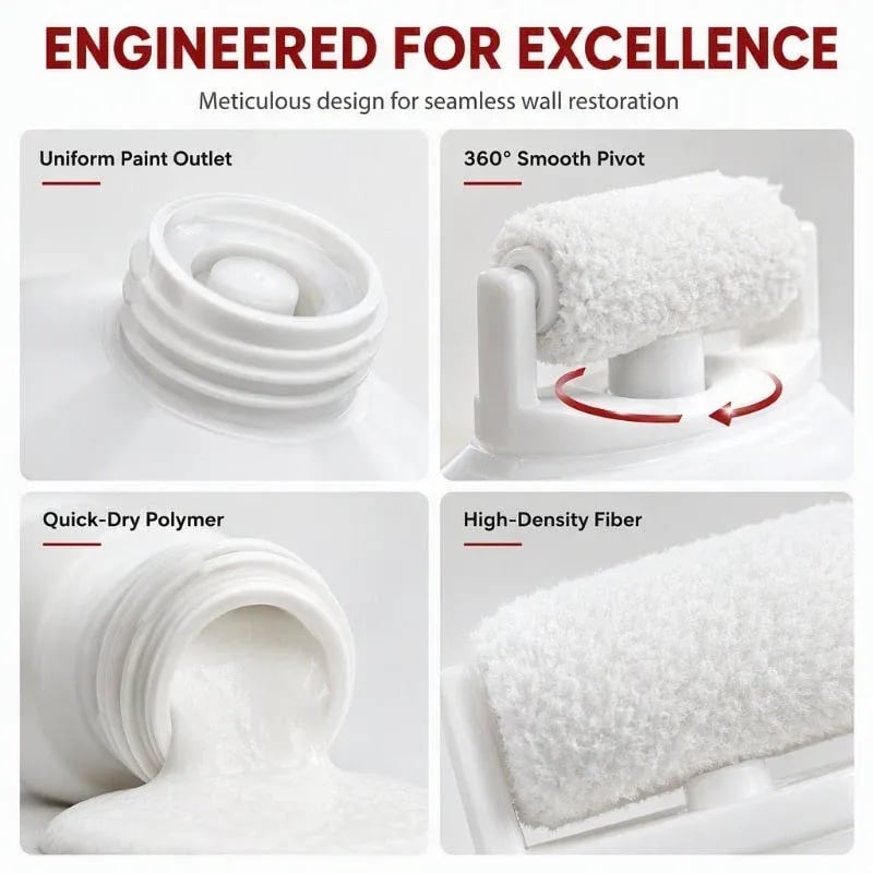 Wall repair paste applicator close-ups showing the paste outlet, rotating roller, paste texture and dense roller fibers