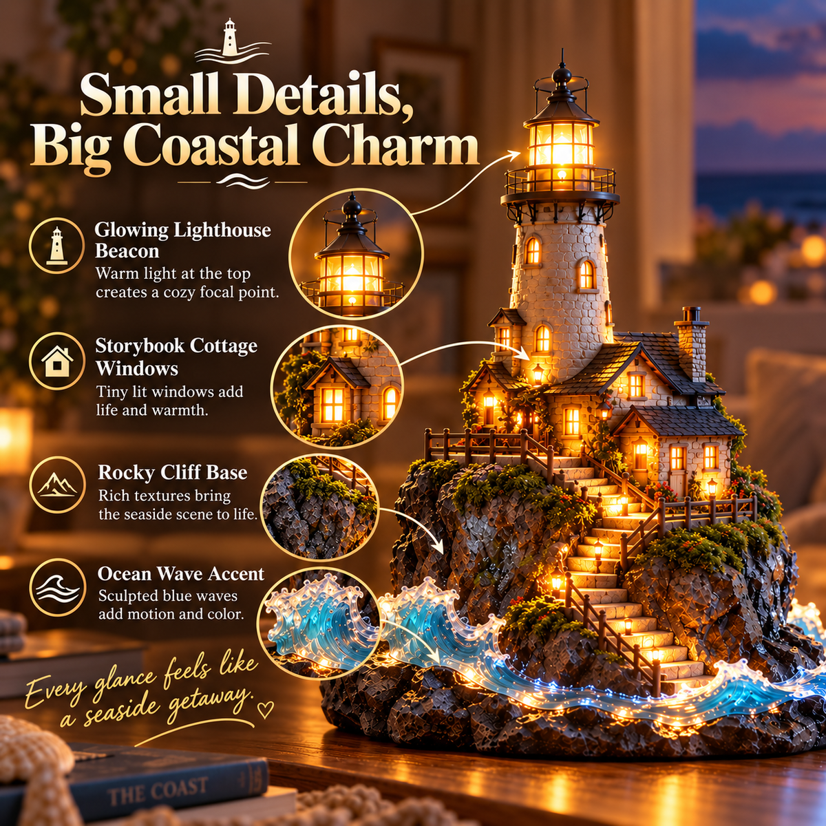 🗼 Illuminated Coastal Lighthouse Scene | Warm Seaside Tabletop Décor