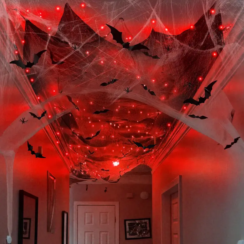 Halloween Spider Web Decorations with 32FT String Lights, 300 sqft Stretch Cobwebs, Black Creepy Cloth, Fake Bats and Spiders for Indoor Outdoor Yard Doorway Entryway Decor